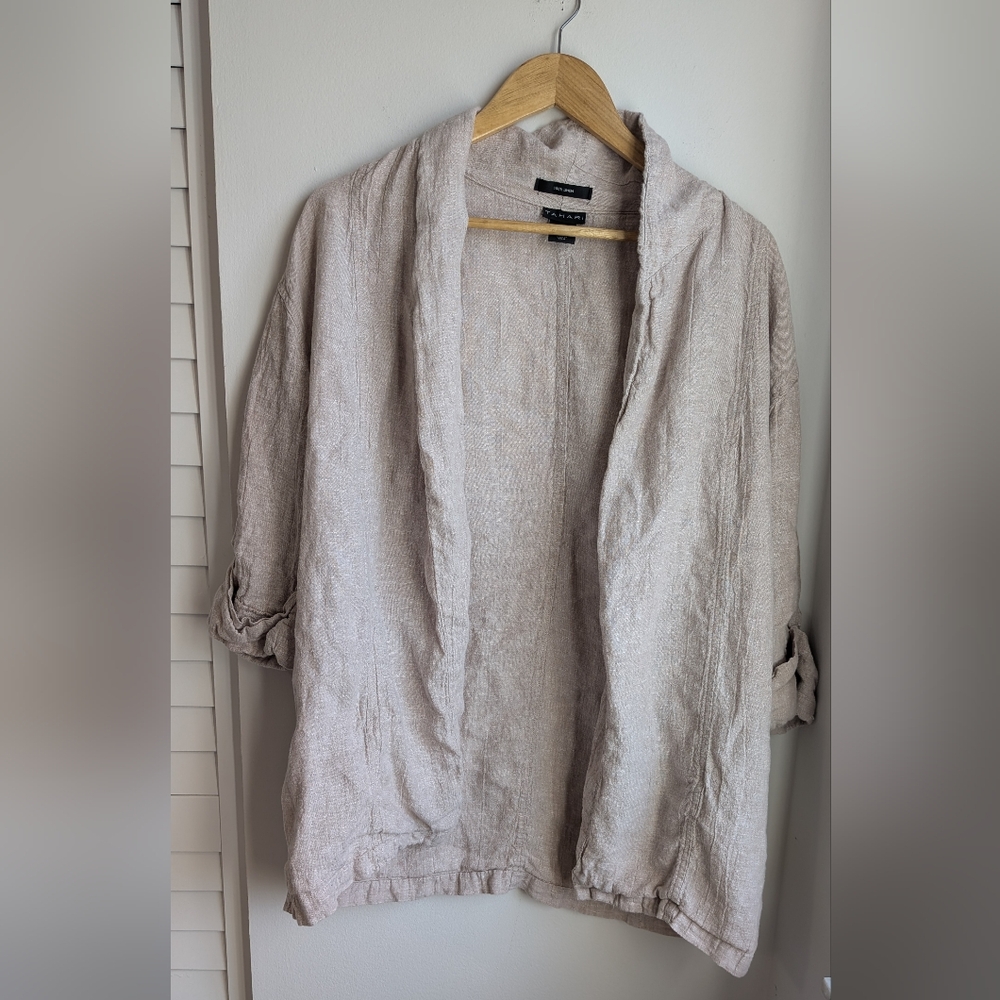 Tahari Light Beige 100% Linen Open Front Cardigan With Pockets Size Large